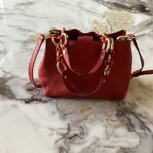 Michael Kors Red Leather Satchel with Gold Chain Accents